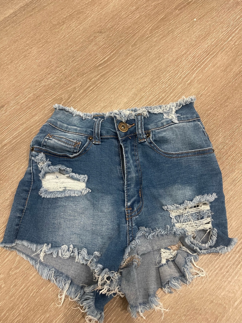 Frayed High-Waist Distressed Denim Shorts - Blue